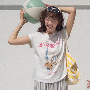 短袖 韩国直邮Leelin夏百搭甜美温柔淑女字母印花圆领修身 T恤女