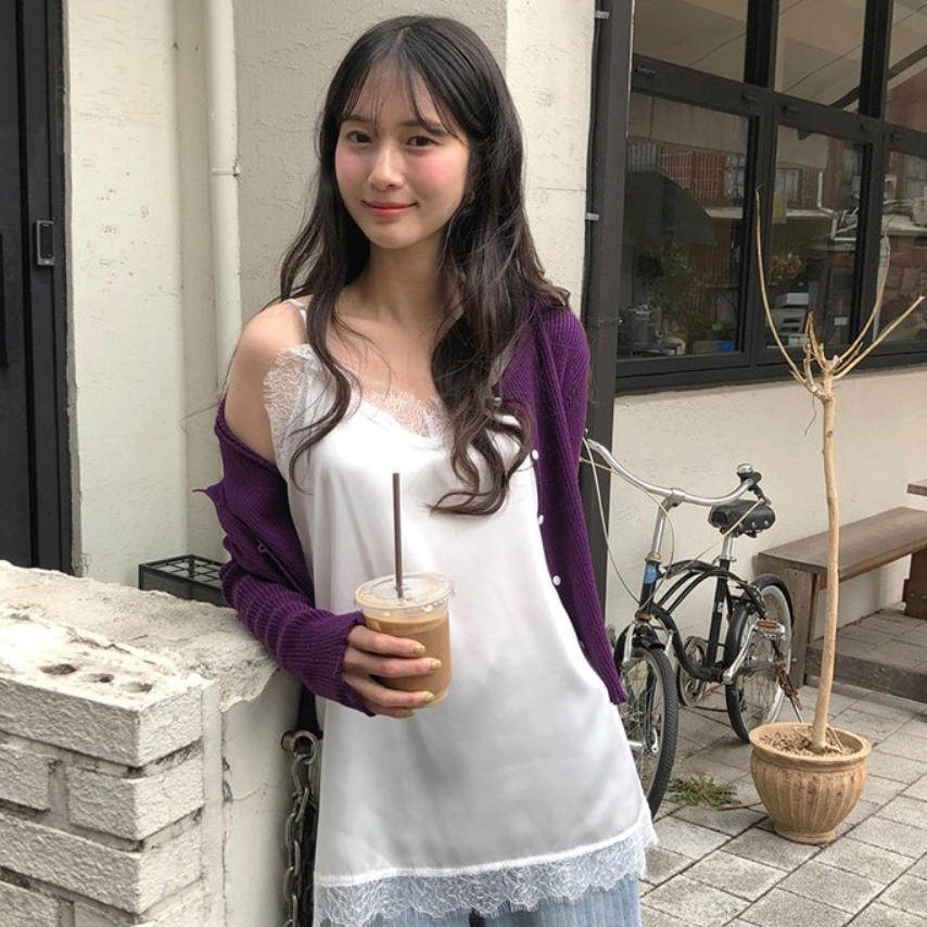 韩国代购直邮2026春甜美少女风蕾丝花边吊带背心白色中长款开衫