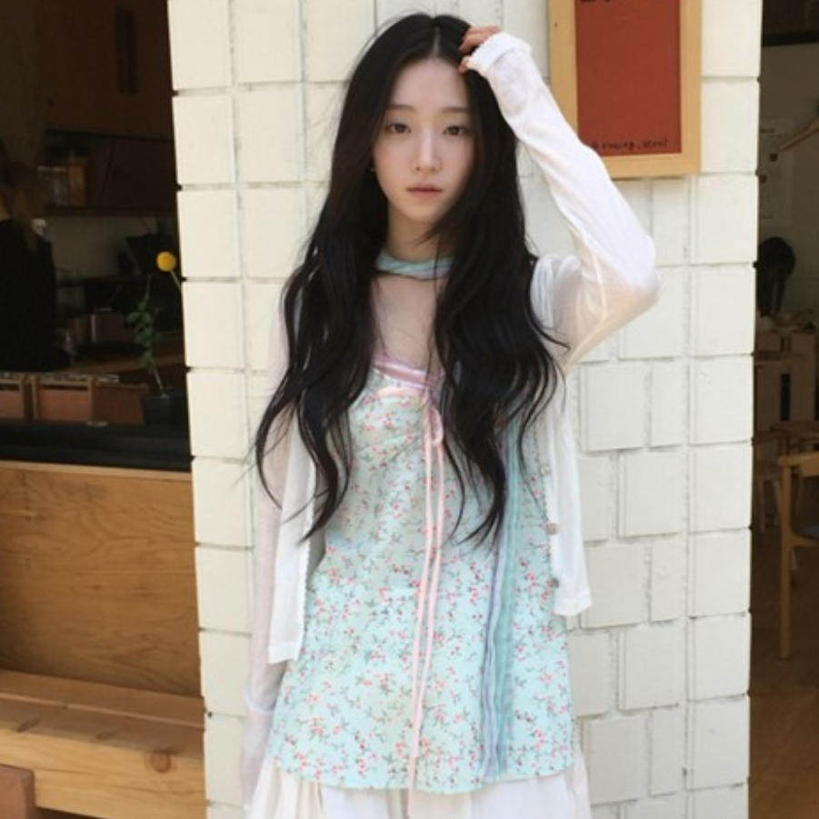 韩国代购直邮2026夏Daybin甜美风薄荷绿碎花吊带背心开衫两件套