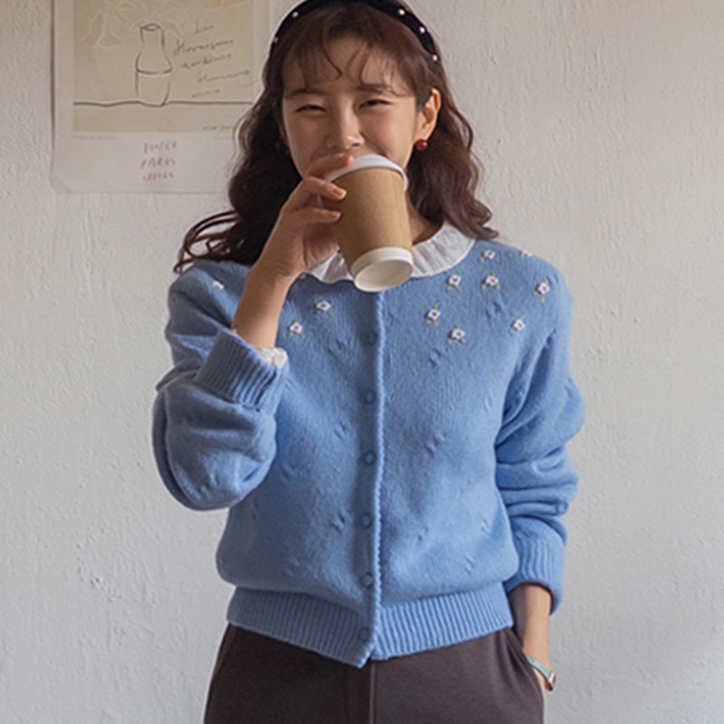 温柔淑女风花朵长袖圆领针织开衫