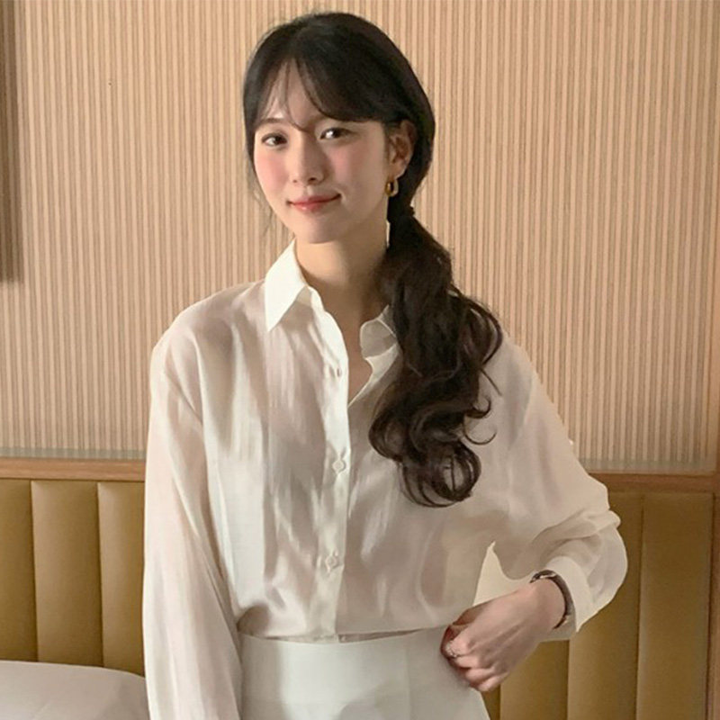 韩国代购直邮2026春白色长袖衬衫宽松翻领单排扣气质OL日常通勤风