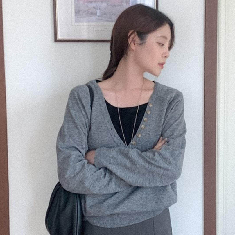 韩国代购直邮2026秋Heylady慵懒风V领纽扣针织衫女宽松叠搭上衣