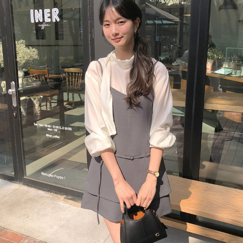 韩国代购直邮2026春淑女风叠穿蝴蝶结腰带修身气质吊带裙背心上衣