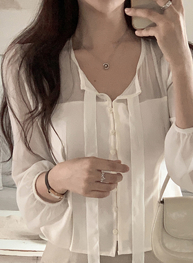 韩国直邮Secondesecon秋时尚气质百搭通勤宽松飘带圆领长袖衬衫女