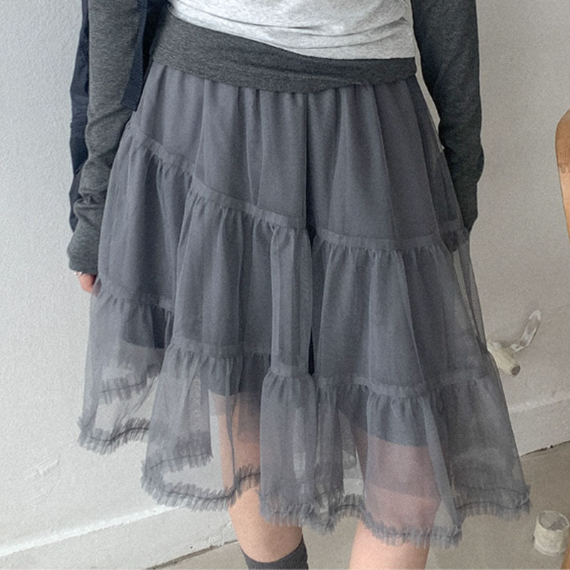 韩国代购直邮2026春Heylady网纱不规则蛋糕裙松紧腰设计感半身裙