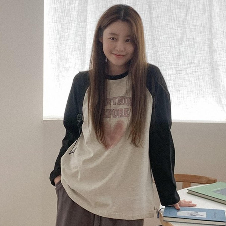 韩国代购直邮2026秋Heylady爱心字母印花长袖T恤女拼接休闲上衣