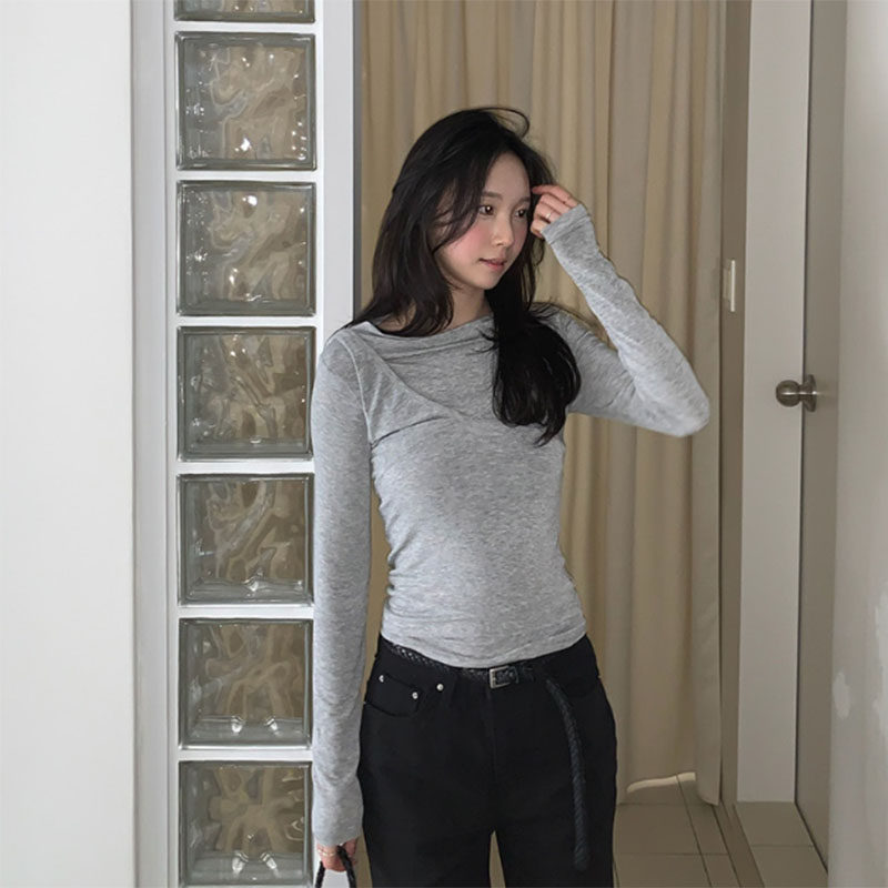 韩国代购直邮2026春Flily长袖T恤女修身显瘦百搭打底衫灰色上衣
