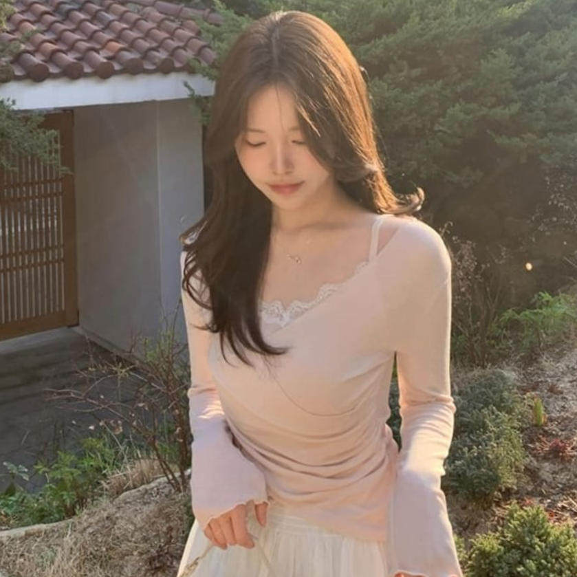 韩国代购直邮2026春Cherrykoko甜美少女风蕾丝拼接修身假两件长袖