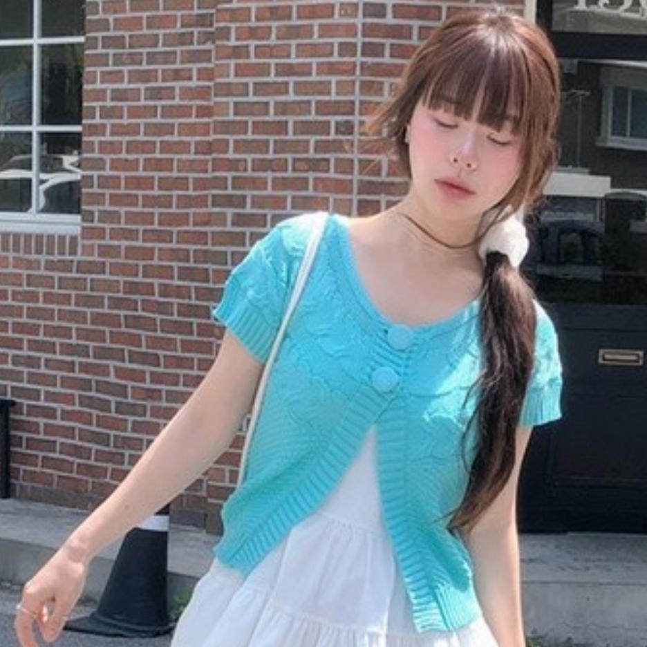 韩国代购直邮2026夏Vinvle温柔甜美风蓝色短袖针织开衫纽扣上衣