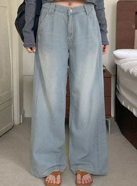 韩国直邮Heylady秋百搭时尚气质经典休闲挺阔水洗宽松阔腿牛仔裤