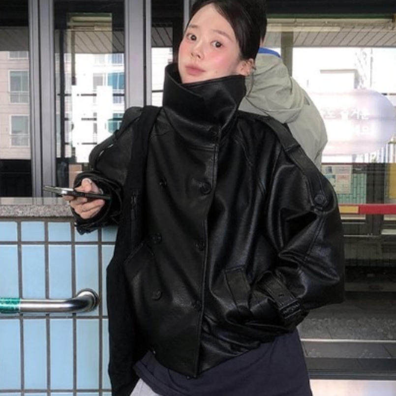韩国代购直邮2026秋Vinvle立领皮衣女宽松双排扣小个子机车风外套