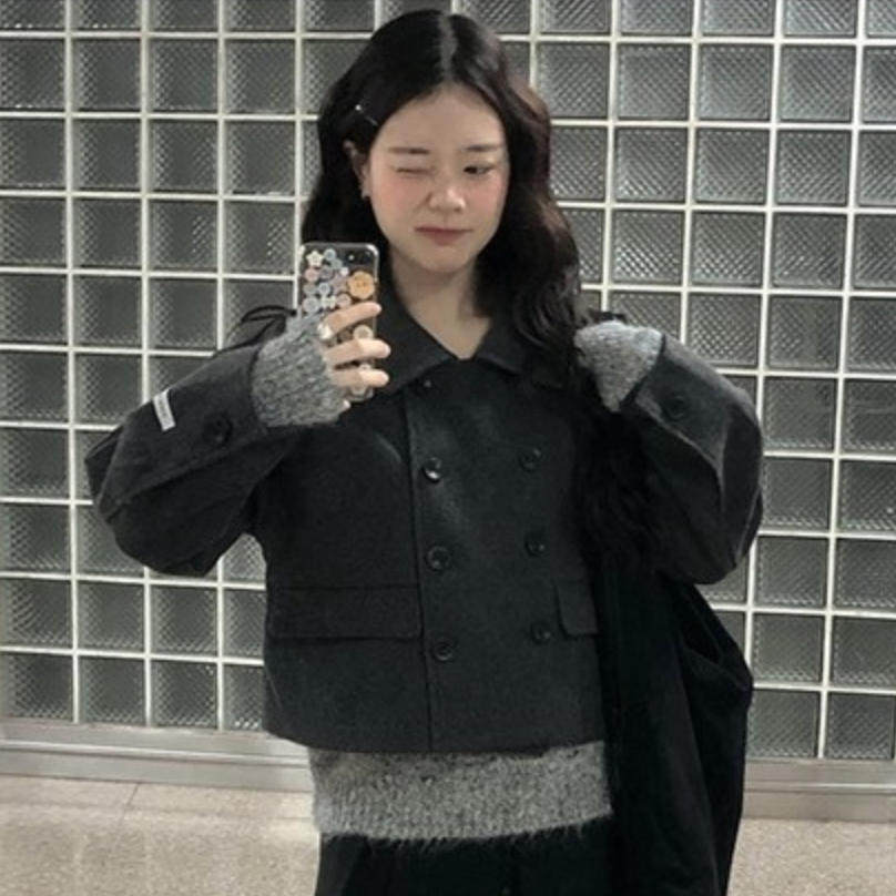 韩国代购直邮2026冬Vinvle翻领双排扣短款毛呢外套女百搭呢子大衣