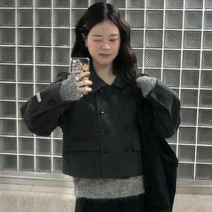 韩国代购直邮2026冬Vinvle翻领双排扣短款毛呢外套女百搭呢子大衣