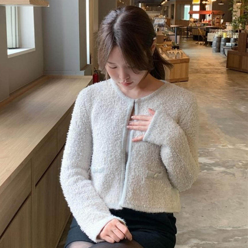 韩国代购直邮2026秋Cherrykoko气质小香风圆领粗花呢针织外套女