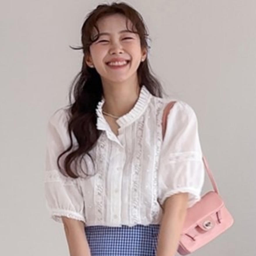 韩国代购直邮2026夏Leelin法式甜美风白色刺绣衬衫立领荷叶边气质