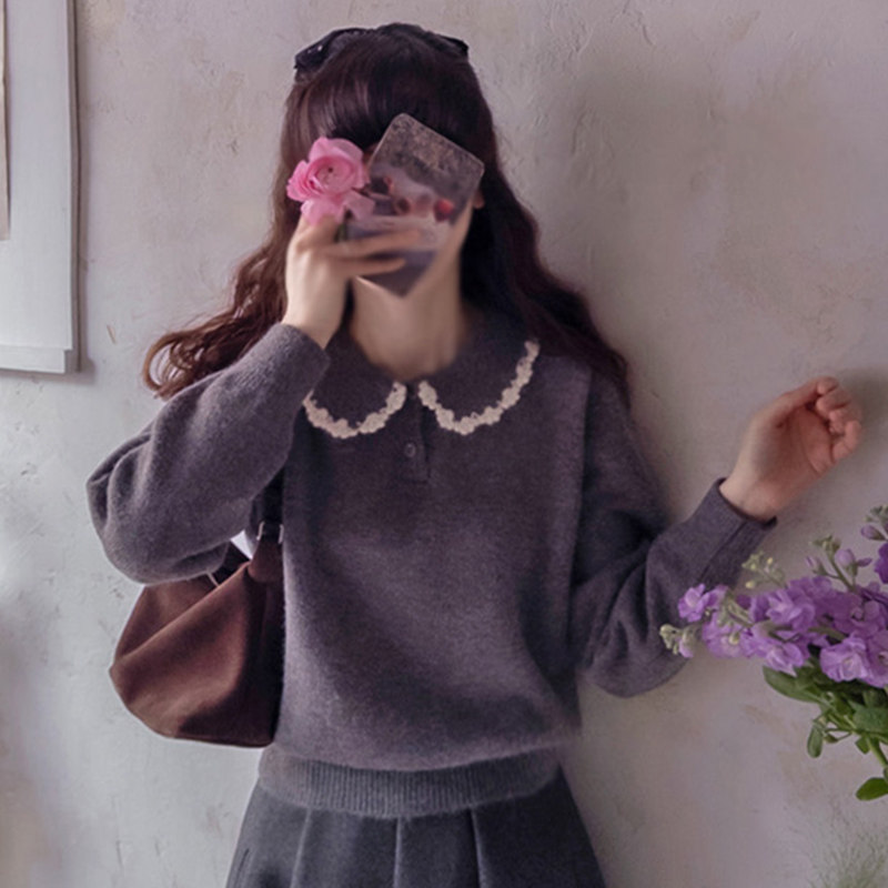 韩系风娃娃领花边长袖宽松针织衫
