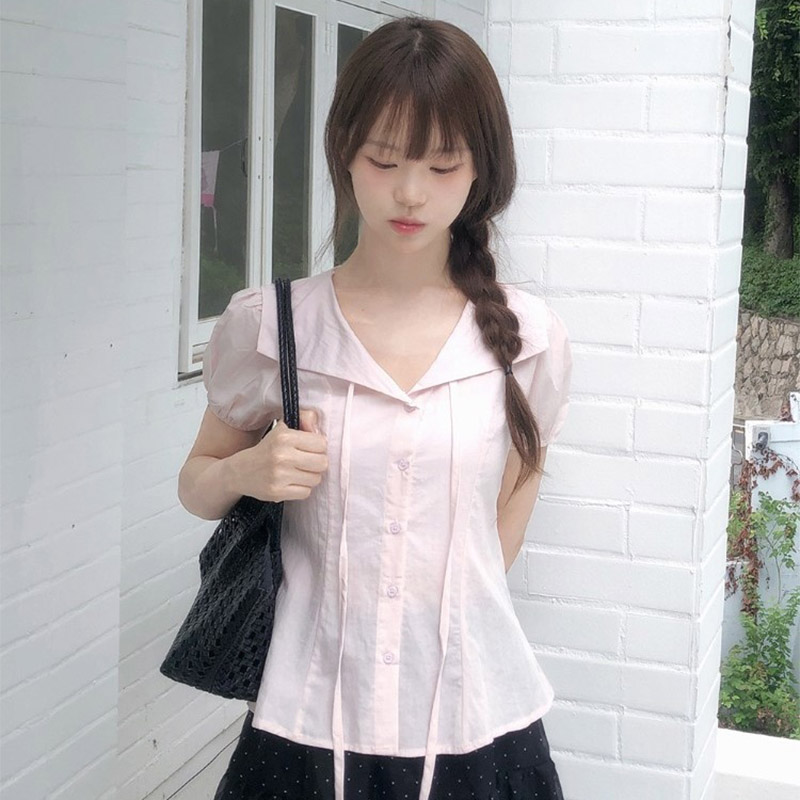 韩国代购直邮2026夏Vinvle少女感泡泡袖女收腰修身海军领系扣衬衫