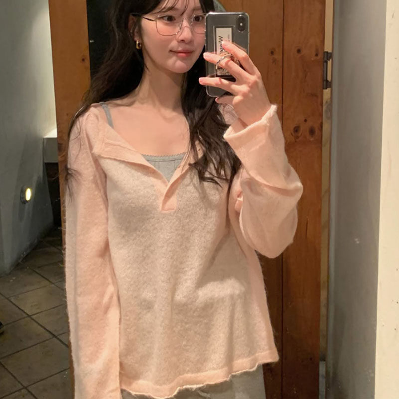 韩国代购直邮2026春慵懒风V领针织罩衫春季薄款宽松套头粉色上衣