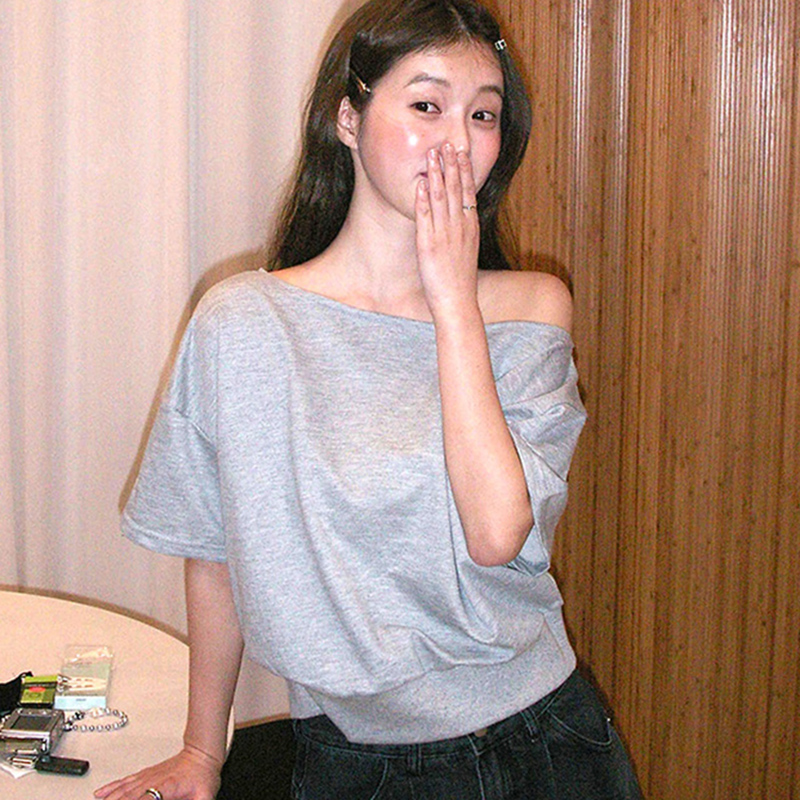 韩国直邮Flily夏百搭时尚设计感甜辣宽松露肩领显瘦短袖衬衫女