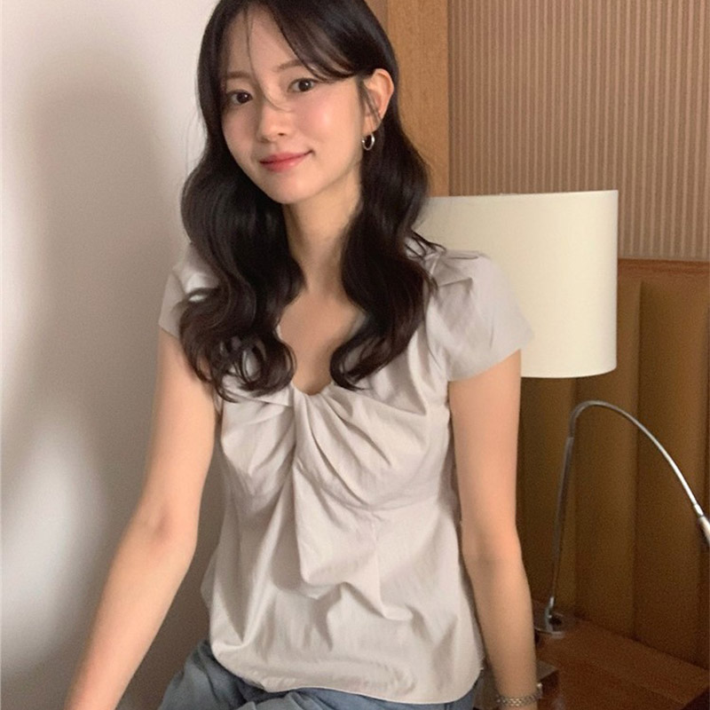 韩国代购直邮2026夏ordinairement复古V领褶皱淑女优雅短袖T恤女