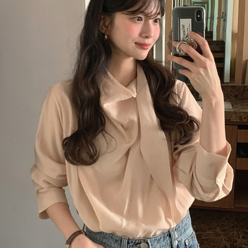 韩国代购直邮2026春轻熟风飘带领衬衫女长袖气质优雅套头通勤上衣
