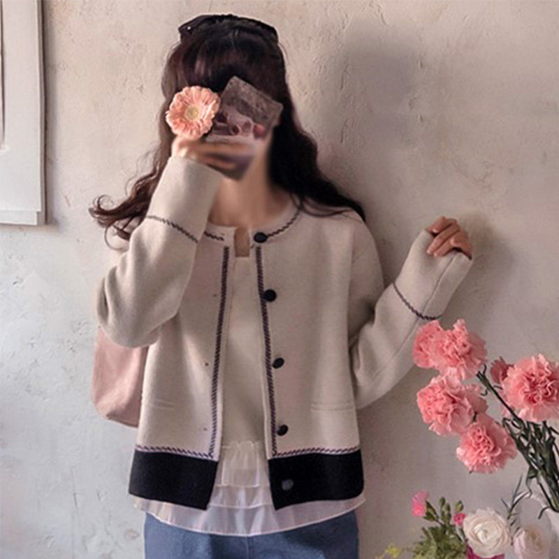 韩国代购直邮Leelin春小香风百搭高级感宽松撞色长袖纽扣针织开衫,女装/女士精品,毛针织衫,淘宝优惠券,粉丝福利购,淘宝优惠卷