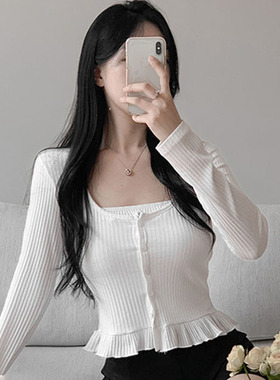 韩国直邮Secondesecon秋百搭时尚气质淑女温荷叶边针织衫套装女