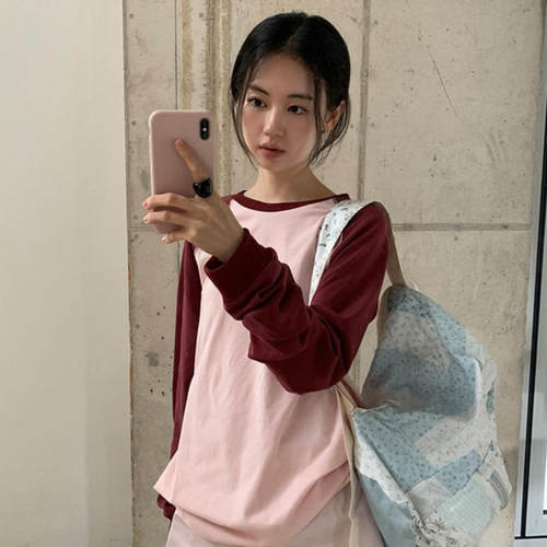 韩国代购直邮2026秋Maybe-baby休闲慵懒风撞色插肩袖长袖T恤女