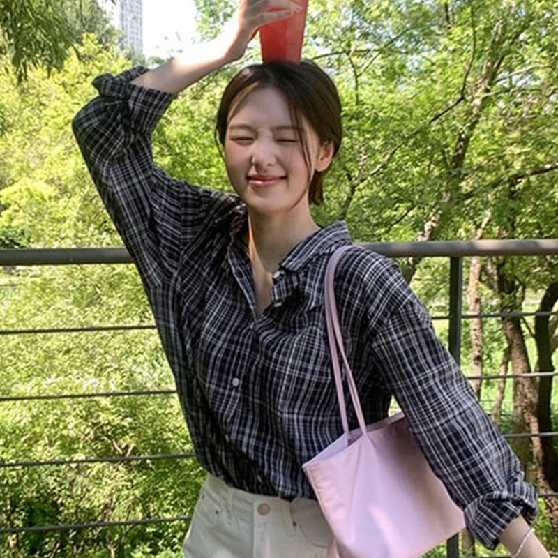韩国代购直邮2026秋Cherrykoko学院风翻领长袖宽松休闲格子衬衫女