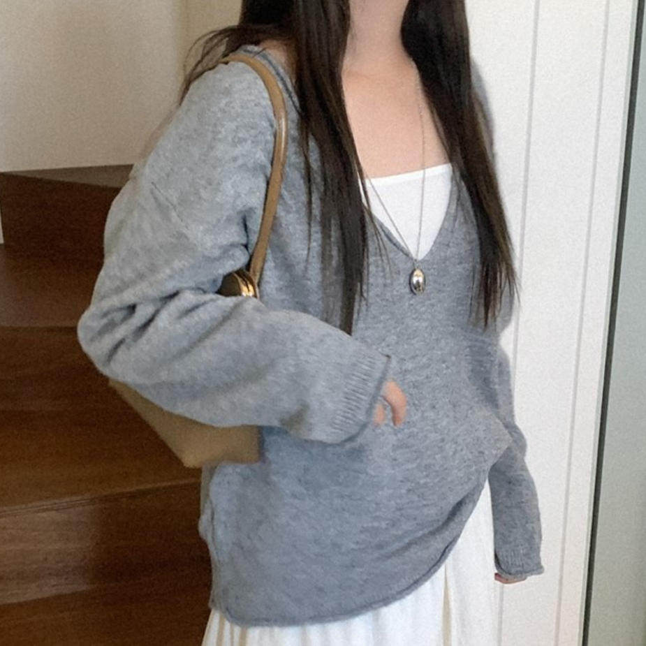 韩国代购直邮2026冬heylady慵懒显瘦V领宽松针织衫女百搭纯色毛衣