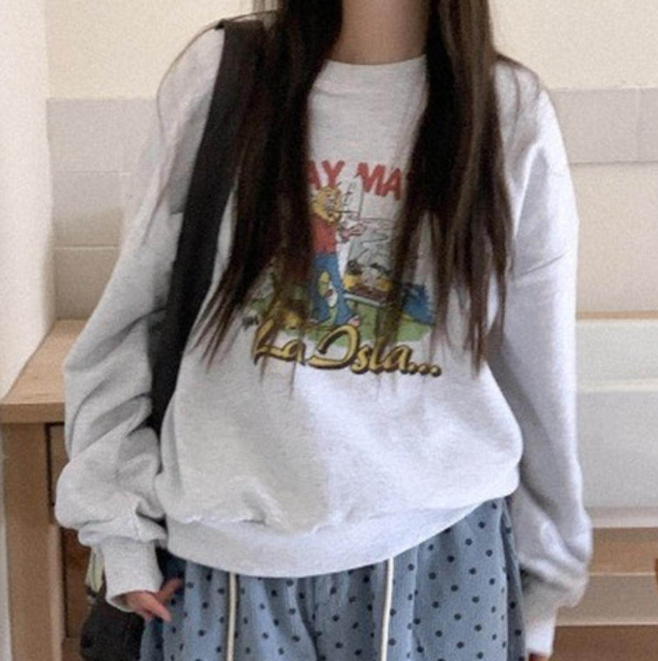 韩国代购直邮2026冬heylady休闲圆领字母卡通图案宽松长袖卫衣女