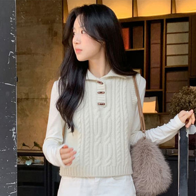 百搭叠穿休闲翻领麻花针织背心女