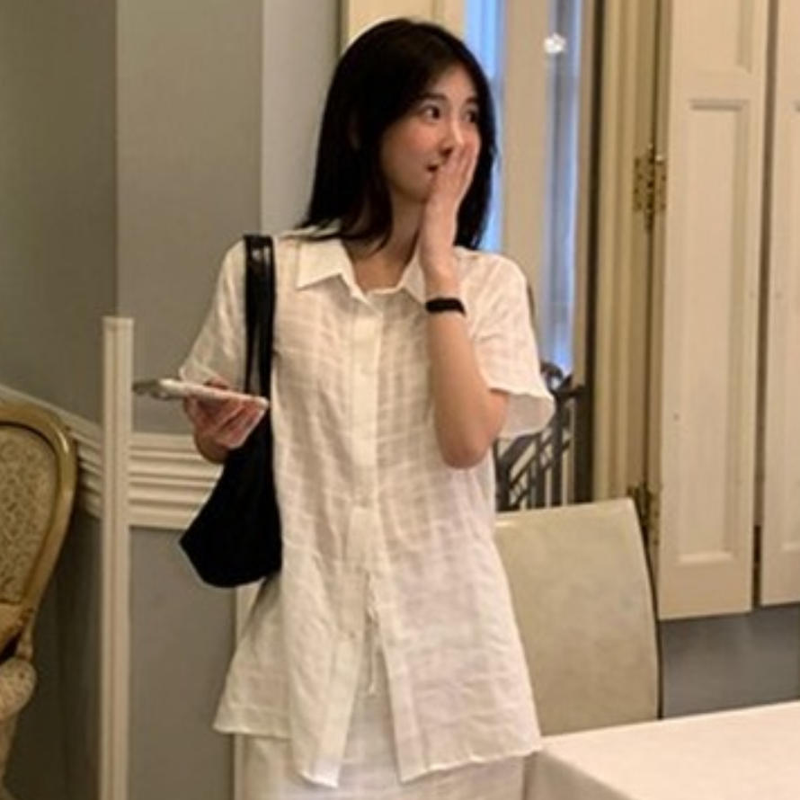韩国代购直邮2026夏Flily法式气质短袖衬衫女宽松翻领单排扣百搭