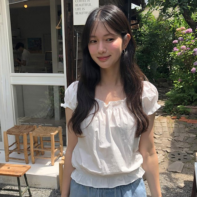 韩国代购直邮2026夏ordinairement轻甜风木耳边花边泡泡袖衬衫女