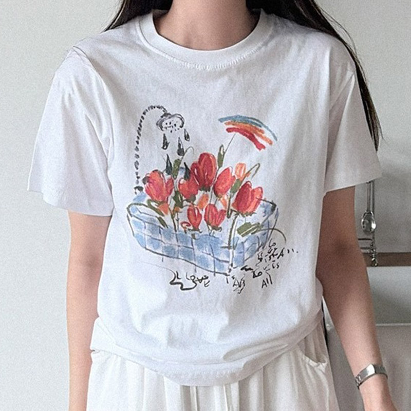 韩国代购直邮2026夏Heylady休闲百搭花朵印花短袖T恤女圆领上衣女