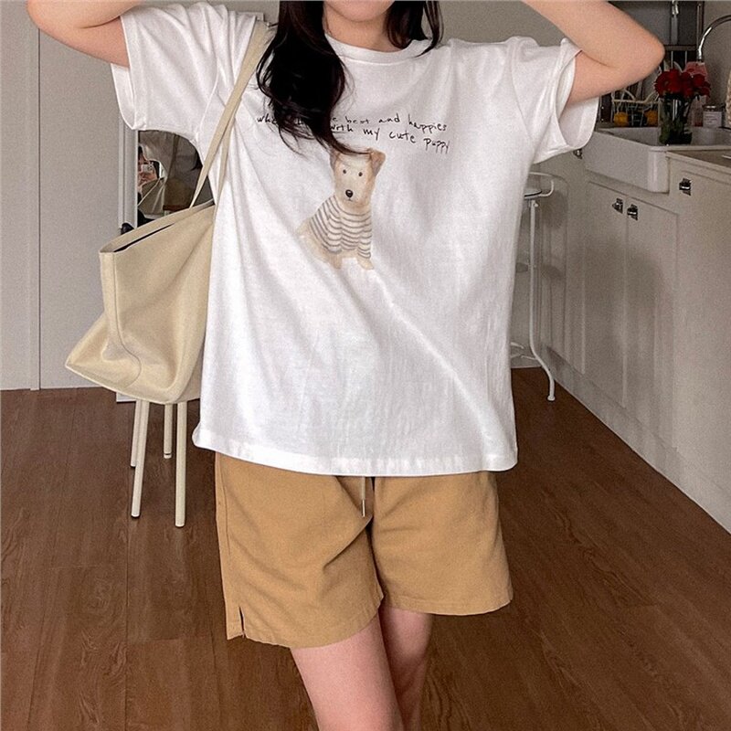 韩国代购直邮2026夏甜美少女风小狗印花白色宽松百搭休闲短袖T恤