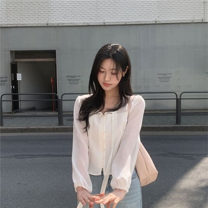 韩国代购直邮2026春Cherrykoko甜美蝴蝶结飘带领修身长袖雪纺衫