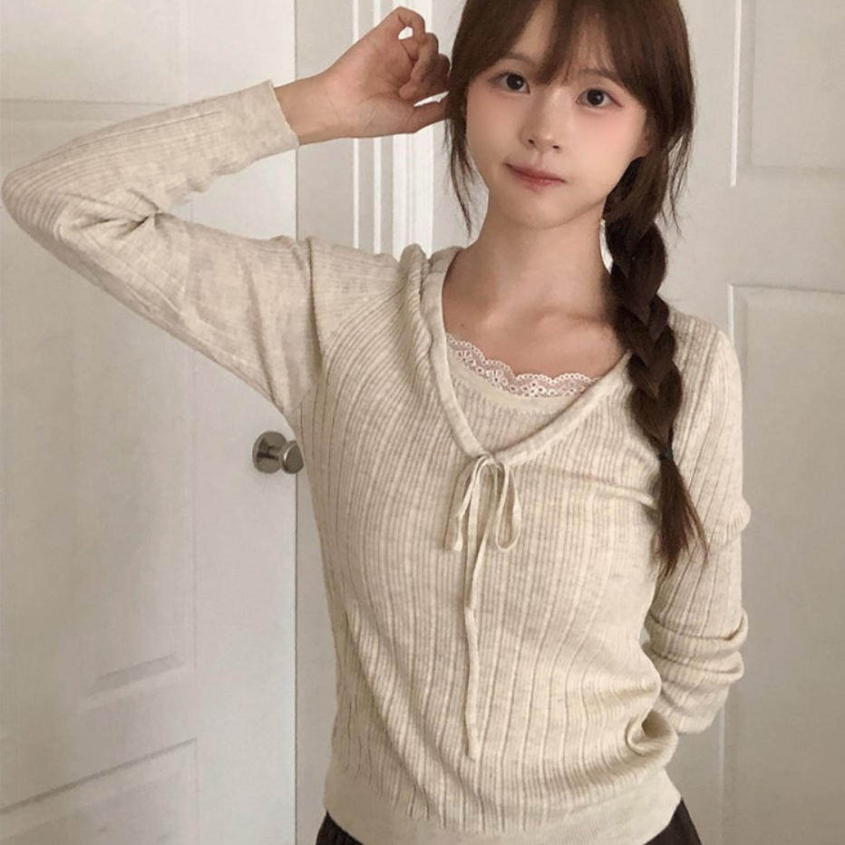 韩国直邮2026秋Vinvle甜美少女拼接V领系带针织衫女修身显瘦上衣