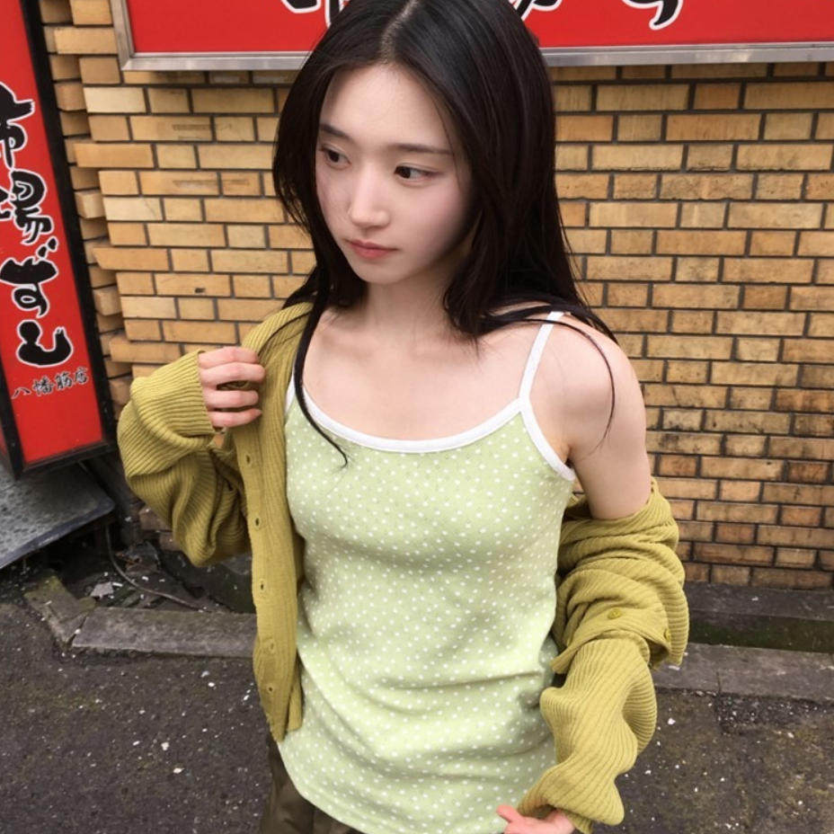 韩国代购直邮2026夏Daybin绿色波点吊带背心修身显瘦韩系复古撞色