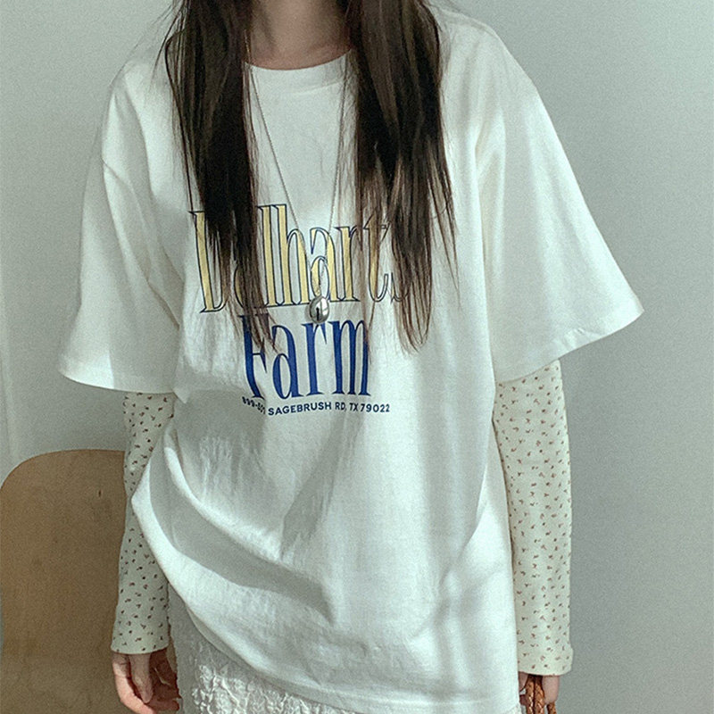 韩国代购直邮Heylady春简约休闲百搭英文字母宽松圆领短袖T恤女