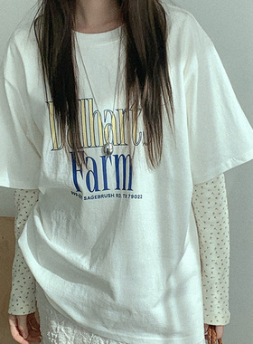 韩国代购直邮Heylady春简约休闲百搭英文字母宽松圆领短袖T恤女