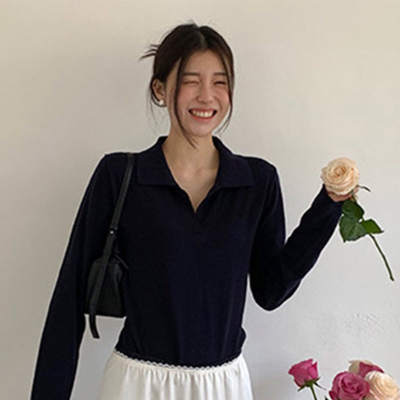 韩国代购直邮Flily春简约通勤翻领修身百搭套头毛衣显瘦针织衫女