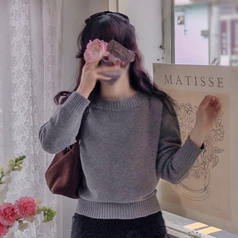 韩国代购直邮Leelin冬温柔淑女风圆领修身显瘦百搭套头长袖毛衣女