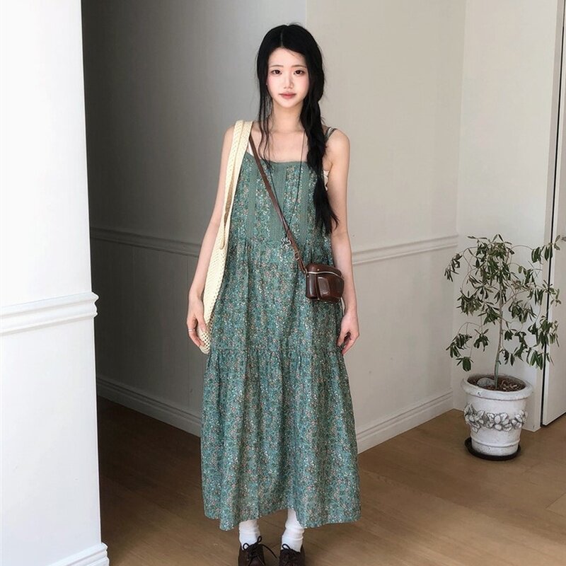 韩国代购直邮2026夏Vinvle甜美少女风绿色碎花复古森系吊带连衣裙