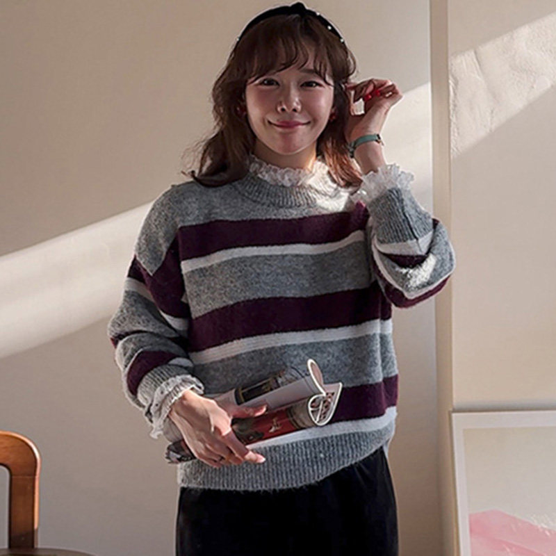 韩国代购直邮Leelin冬复古条纹风毛衣圆领套头长袖显瘦针织衫女