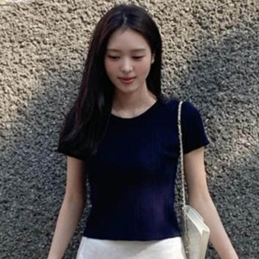 韩国代购直邮2026夏Cherrykoko藏蓝色圆领短袖T恤修身显瘦小个子