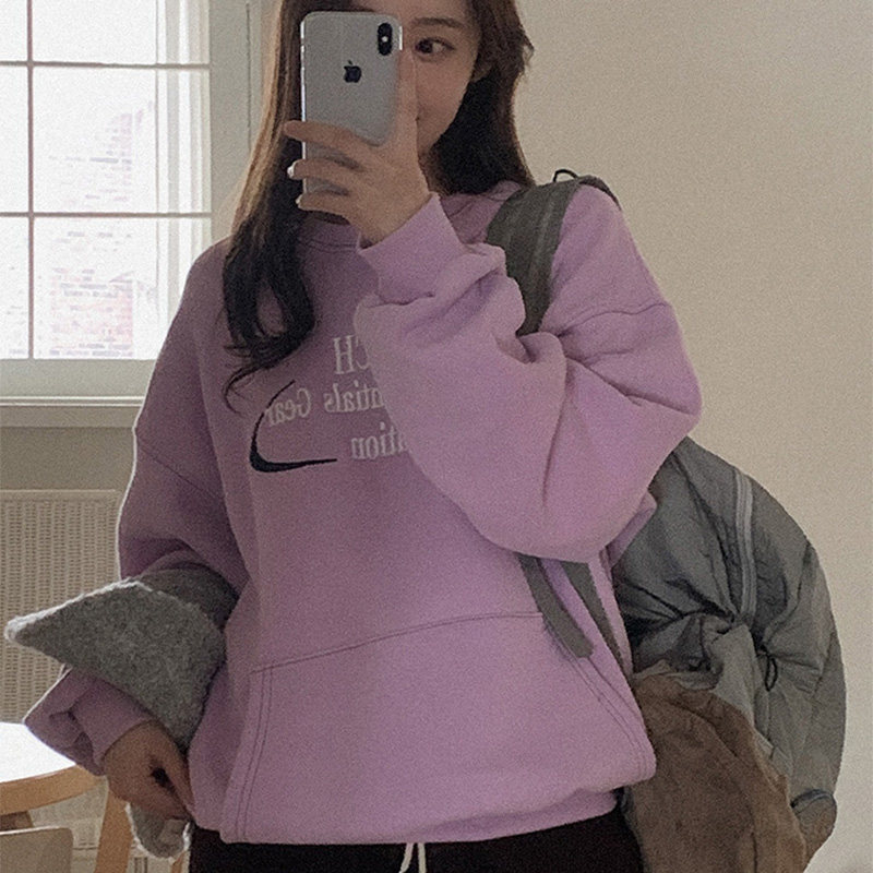 韩国代购直邮Heylady冬休闲百搭通勤长袖加绒宽松字母印花卫衣女