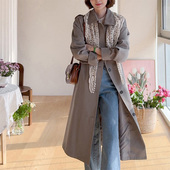 韩国代购 风衣 直邮Leelin春通勤百搭职场直筒收腰大翻领双排扣长款