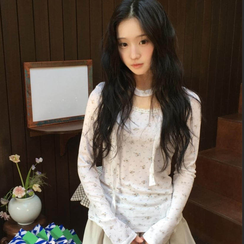 韩国代购直邮2026春Daybin甜美少女风白色碎花长袖T恤蕾丝花边