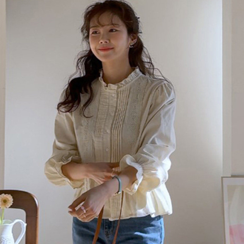 韩国代购直邮Leelin春法式温柔风蕾丝木耳边长袖高级感系扣衬衫女,女装/女士精品,衬衫,淘宝优惠券,粉丝福利购,淘宝优惠卷